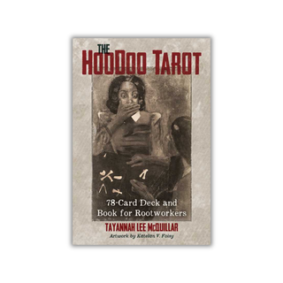 Hoodoo Tarot book cover with a person holding a book on a white background