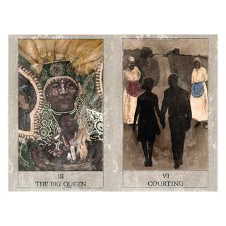 Two tarot cards titled 'The Big Queen' and 'Courting' on a textured beige background.