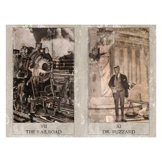 Two vintage-style cards featuring a steam locomotive and a person in formal attire, with text labels 'The Railroad' and 'Dr. Buzzard'.