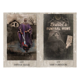 Two tarot cards featuring 'Father Simms' and 'Miss Robinson' with a sepia-toned background.