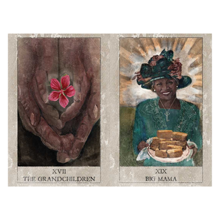 Two tarot cards titled 'The Grandchildren' and 'Big Mama' with artistic illustrations.