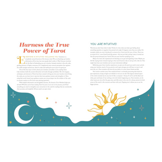 Book page with tarot card design, text about intuition, and celestial symbols.