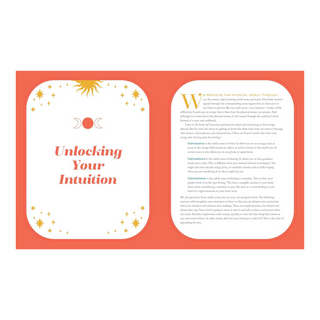 Book or magazine page with 'Unlocking Your Intuition' text and celestial symbols on a red background.