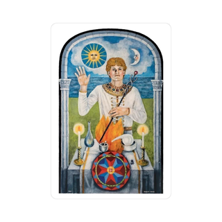 A Jungian Tarot Card with a person in a classical setting, holding a staff and surrounded by symbols of the sun and moon.