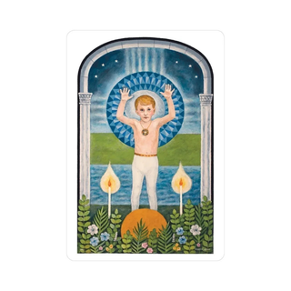 A Jungian Tarot Card depicting a child standing with hands raised in a natural setting with candles and flowers.