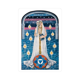 A Jungian Tarot Card depicting a figure in a white robe holding a book, surrounded by candles and a blue archway.