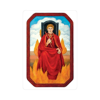 Jungian Tarot card depicting a character in red robes sitting on a throne against a blue sky with clouds.