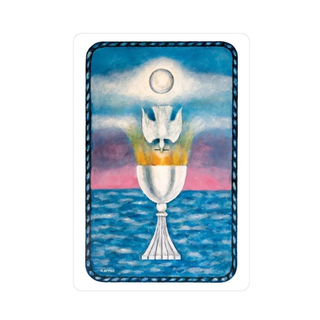 The back of a Jungian Tarot card with a chalice and rainbow design against a colorful sky background