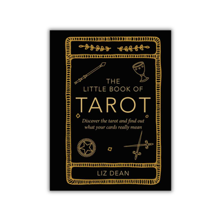 Book cover of 'The Little Book of Tarot' by Liz Dean on a black background with gold text and symbols.