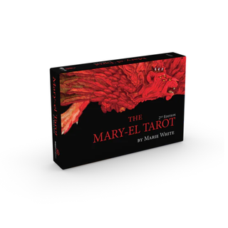Box of The Mary-El Tarot by Marie White with a red dragon design on a white background
