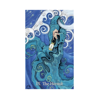Tarot card featuring 'The Hermit' with swirling blue and white design