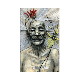 Artistic depiction of a figure with flowers and leaves on a white background