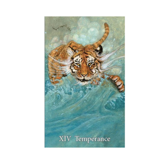 Artistic depiction of a tiger in water with 'XIV Temperance' text on a textured background