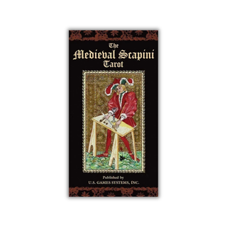 Cover of 'The Medieval Scapini Tarot' with a character in red clothing on a white background