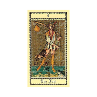 A Card from The Medieval Scapini Tarot Deck featuring 'The Fool' with a person holding a lantern and a dog on a white background.