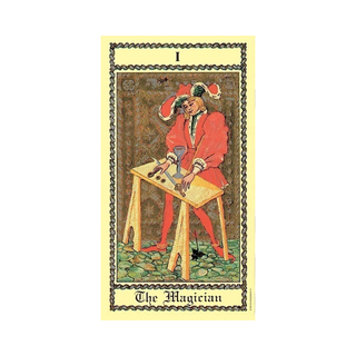 A Card from The Medieval Scapini Tarot Deck featuring 'The Magician' with a person in red attire on a white background