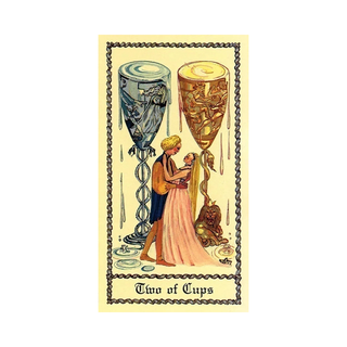 A Card from The Medieval Scapini Tarot Deck featuring two people holding cups with a decorative border and 'Two of Cups' text.