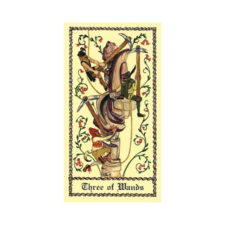 Three of Wands tarot card from The Medieval Scapini Tarot with colorful illustrations on a yellow background