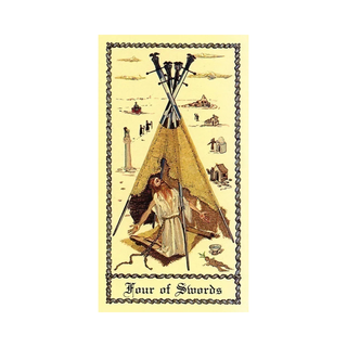 A Card from The Medieval Scapini Tarot Deck featuring a Native American figure with four swords and a teepee, labeled 'Four of Swords'.