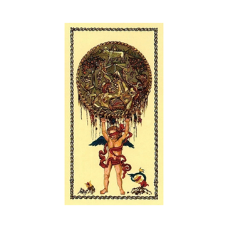 A Card from The Medieval Scapini Tarot Deck featuring an artistic depiction of a figure holding a circular emblem with intricate designs on a beige background.