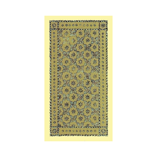 The back of the cards from The Medieval Scapini Tarot Deck featuring a decorative rug with a yellow border and intricate pattern on a white background