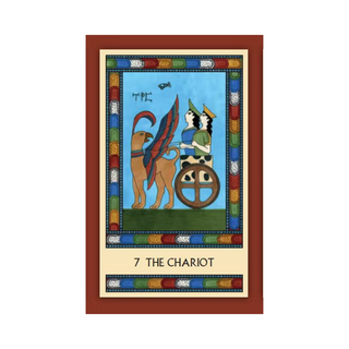 Tarot card featuring 'The Chariot' with colorful border and text
