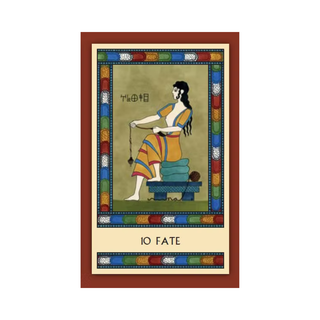 Tarot card with a woman in a colorful dress and a colorful border on a beige background
