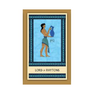 Card featuring a figure holding a vase with 'Lord of Rhytons' text on a blue background