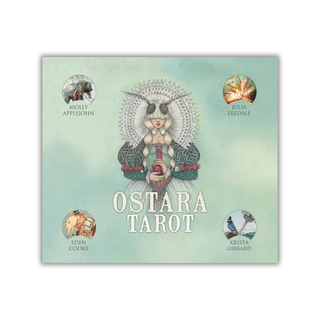 Ostara Tarot card box with illustrated cover and four corners featuring names.
