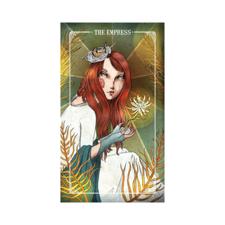 Tarot card featuring 'The Empress' with a woman holding a flower, surrounded by foliage.