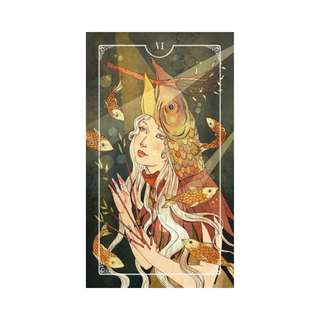 Tarot card with a woman surrounded by fish on a dark background