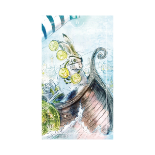 Illustration of a rabbit with goggles and lemons near a boat on a light blue background