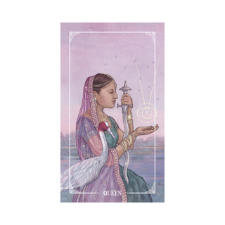 Card featuring an illustration of a woman holding a sword with a pink background