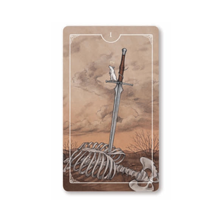 Card with a sword and skeleton design on a beige background