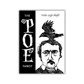 Book cover of 'The Poe Tarot' with a black and white illustration of a man's face and a crow.