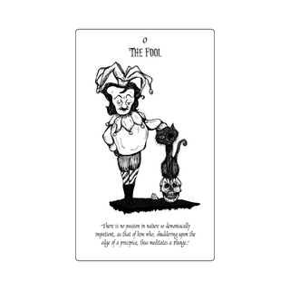 Card featuring 'The Fool' from a tarot deck with a jester and cat illustration.