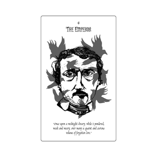 Card featuring a stylized portrait with 'The Emperor' at the top and text below on a white background.