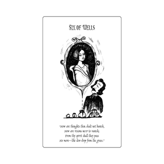 Black and white tarot card with a mirror and two people, titled 'Six of Wells'.