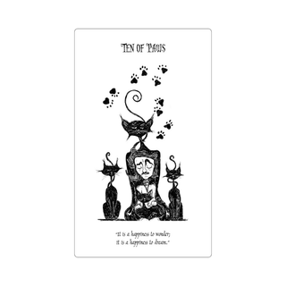 Black and white tarot card with cat illustrations and text on a white background