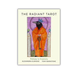 Book cover of 'The Radiant Tarot' with a tarot card design featuring a black bird in an orange robe.