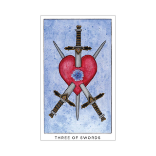 Card with a red heart surrounded by three swords on a blue watercolor background, labeled 'Three of Swords'.