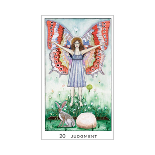 Tarot card titled 'Judgment' featuring a fairy with butterfly wings in a garden setting.