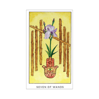 Seven of Wands tarot card with sticks, a flower, and a hand with a lotus on a yellow background