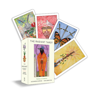 Radiant Tarot cards with colorful illustrations and box on a white background