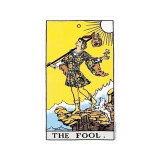 Tarot card titled 'The Fool' with a person standing on a rock, holding a lantern and a sword.