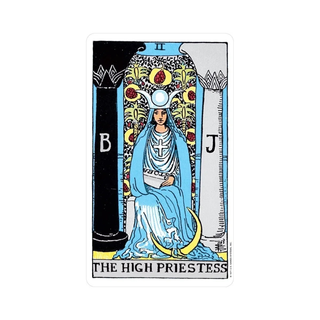 Tarot card featuring 'The High Priestess' with a person in blue robes and a headdress.