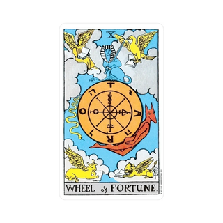 Tarot card titled 'Wheel of Fortune' with colorful symbols and text on a blue background.