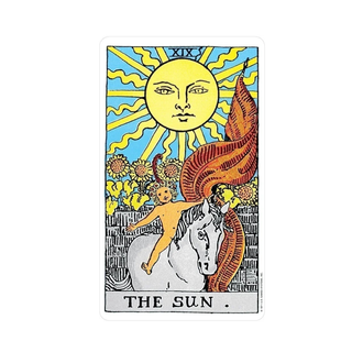 Tarot card titled 'The Sun' with a bright yellow sun, two people on a horse, and colorful design elements.
