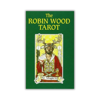 Book cover of 'The Robin Wood Tarot' with a green background and tarot card design.