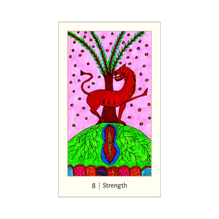 Tarot card titled 'Strength' with a red dragon-like creature on a pink background